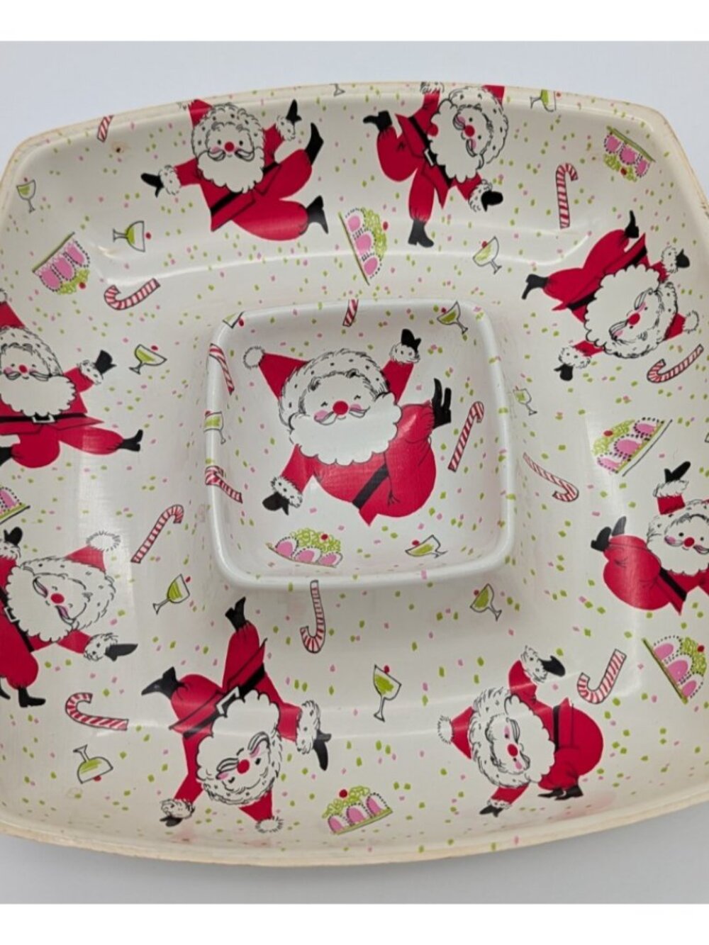 Vintage Christmas Dancing Santa Chip Dip Bowl Snack Serving Tray Ullman Co